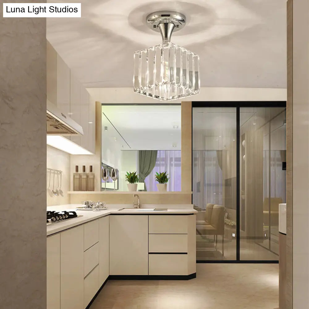 Sleek Crystal Kitchen Flush Light: Spiral Cone Cylinder Design With Chrome Finish