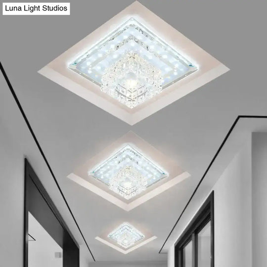 Sleek Crystal Led Foyer Ceiling Light - Geometric Design Chrome Flush Mount / White Square Plate