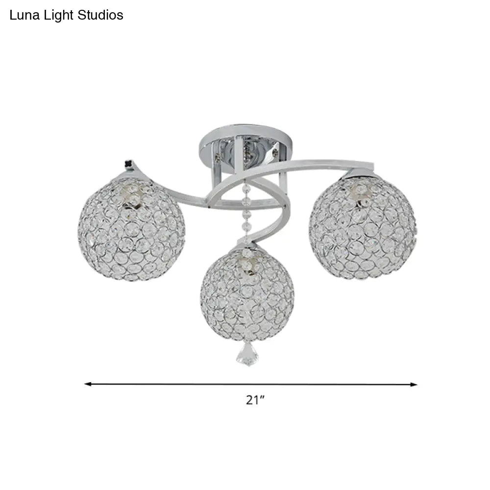 Sleek Crystal Semi-Flush Mount Light Fixture For Living Room - 3/5 Lights Globe Simple Chrome Design
