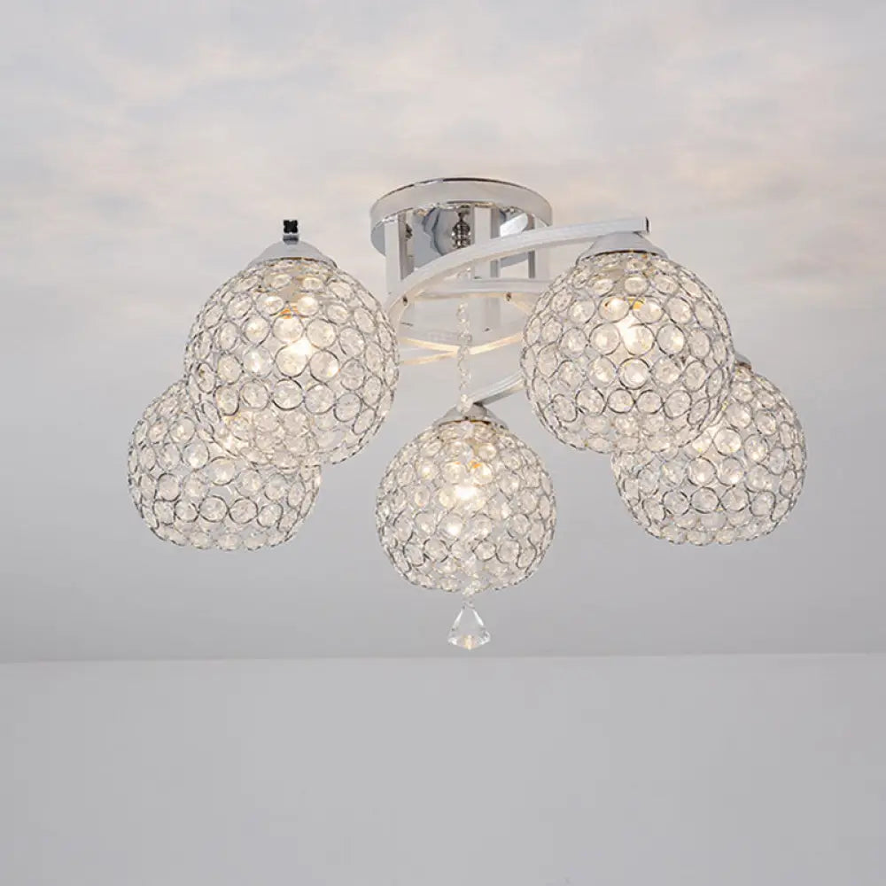 Sleek Crystal Semi-Flush Mount Light Fixture For Living Room - 3/5 Lights Globe Simple Chrome