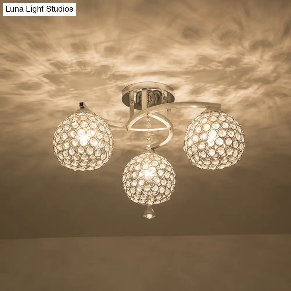 Sleek Crystal Semi-Flush Mount Light Fixture For Living Room - 3/5 Lights Globe Simple Chrome Design