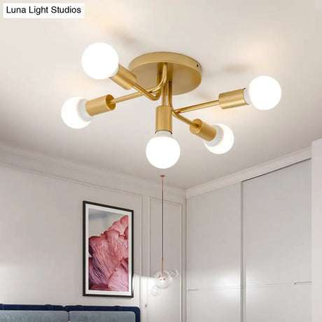 Sleek Curved Arm Semi Flush Mount Ceiling Light With 5 Metal Lights In Black/Gold