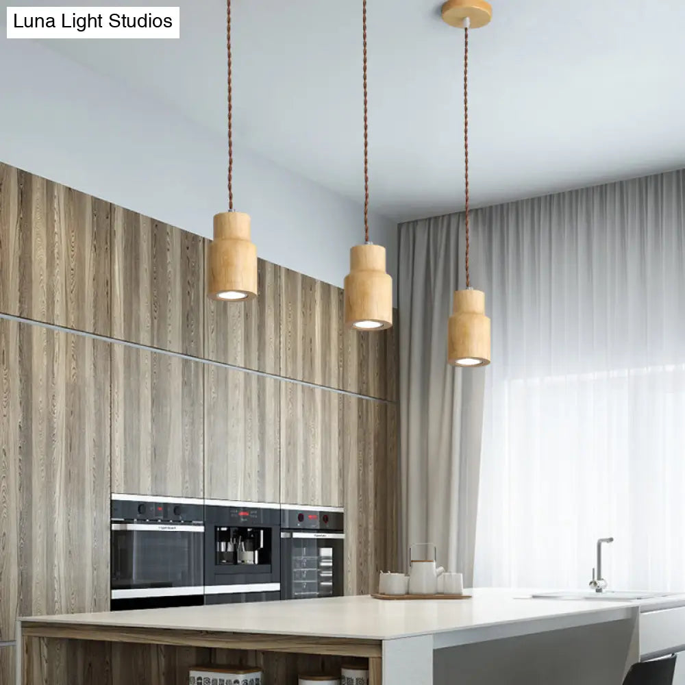 Sleek Geometric Wooden Led Ceiling Pendant Light In Beige - Perfect For Kitchen Suspension Wood / A
