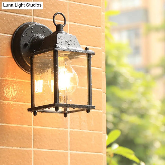 Sleek Glass Box Wall Sconce Lamp: Outdoor 1-Head Mounted Lighting In Black