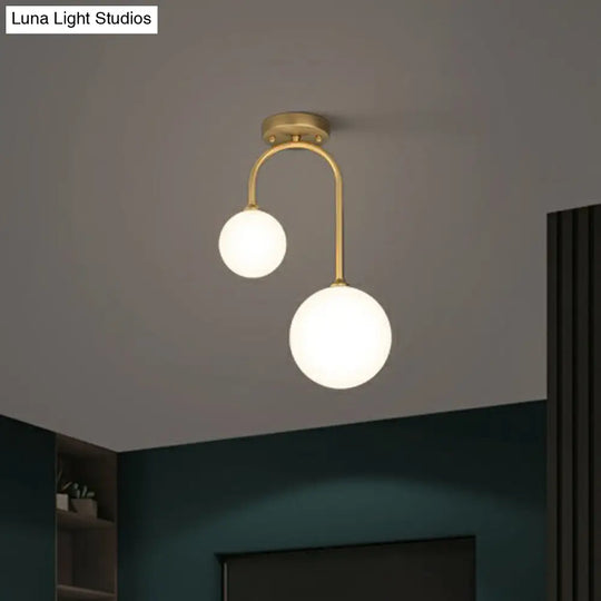 Sleek Gold Semi Flush Mount Ceiling Light With Minimalist Milky Glass - 2-Head Flushmount Lighting