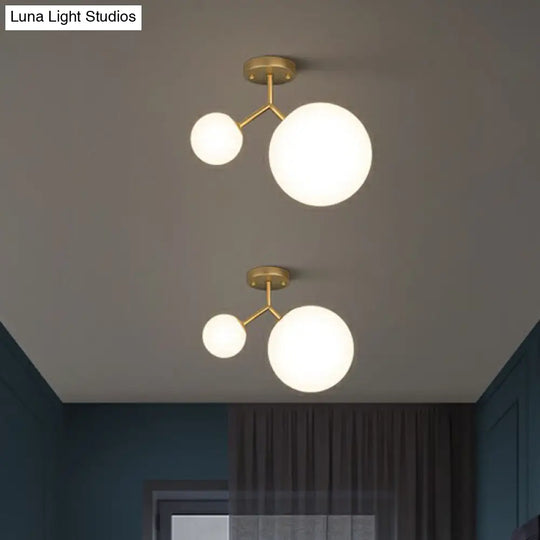 Sleek Gold Semi Flush Mount Ceiling Light With Minimalist Milky Glass - 2-Head Flushmount Lighting