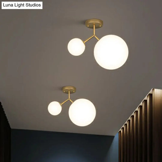 Sleek Gold Semi Flush Mount Ceiling Light With Minimalist Milky Glass - 2-Head Flushmount Lighting