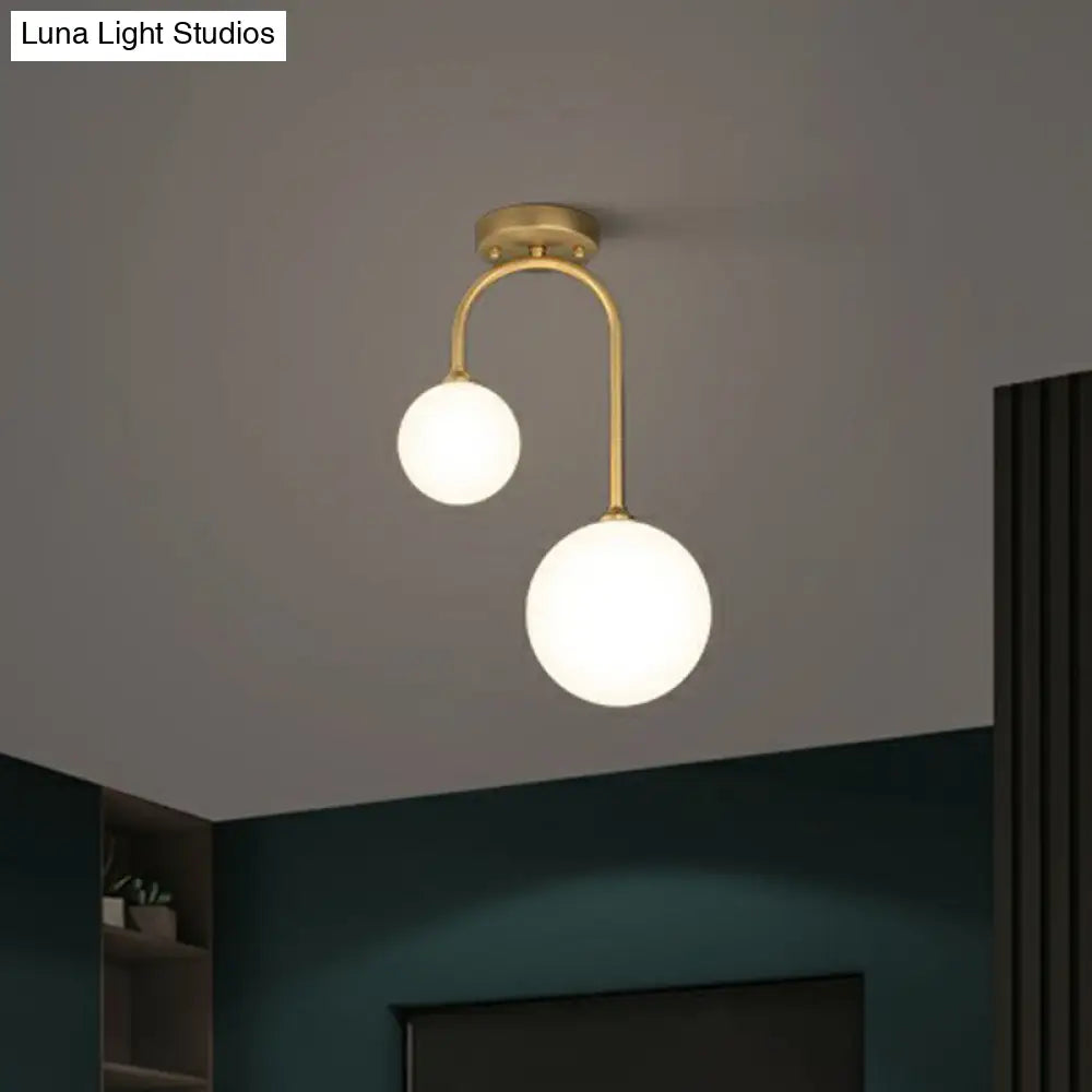 Sleek Gold Semi Flush Mount Ceiling Light With Minimalist Milky Glass - 2 - Head Flushmount Lighting