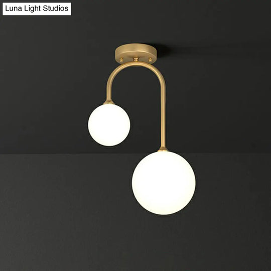 Sleek Gold Semi Flush Mount Ceiling Light With Minimalist Milky Glass - 2-Head Flushmount Lighting /