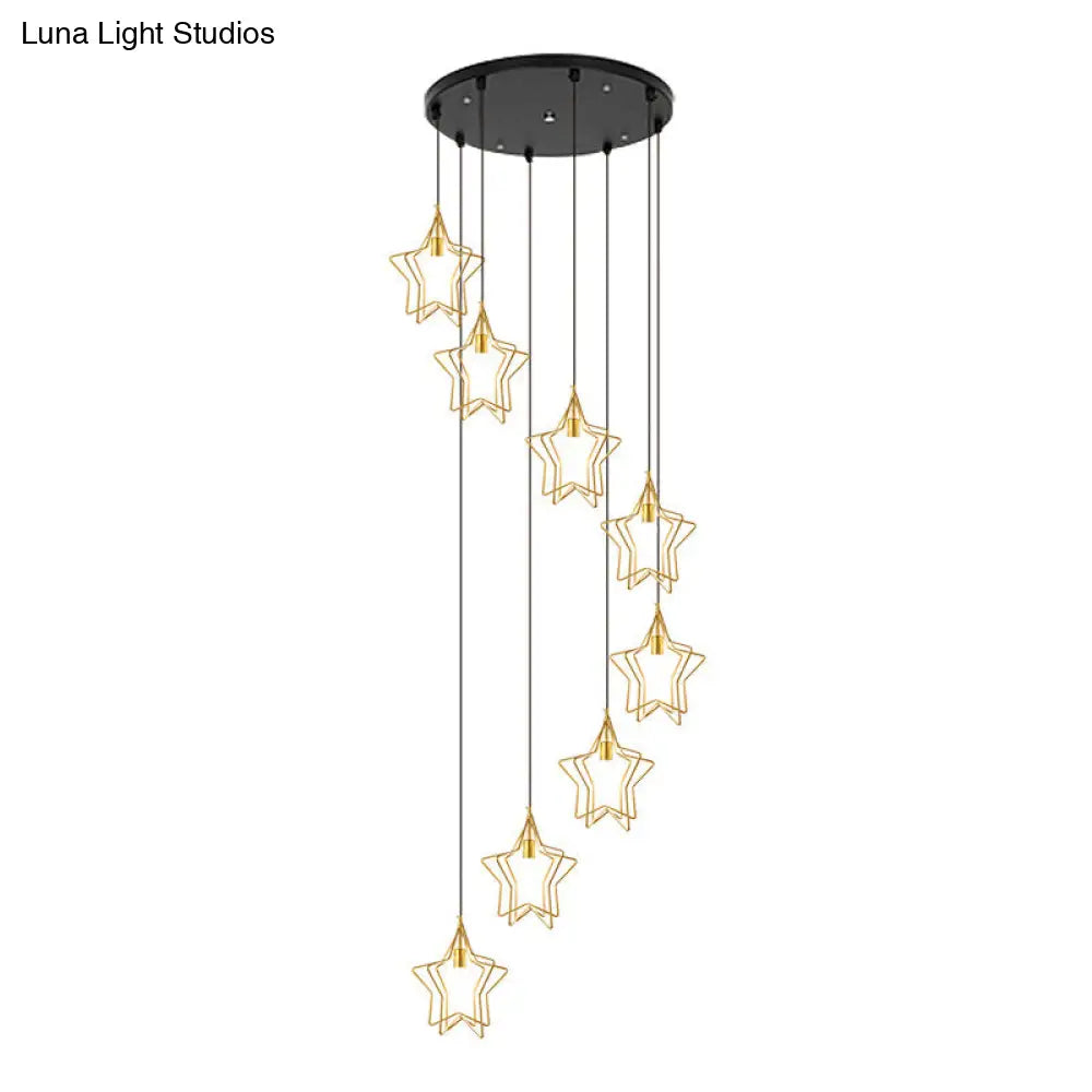 Sleek Gold Spiral Star Ceiling Lamp - 8-Bulb Metallic Suspension Light Fixture For Entryway