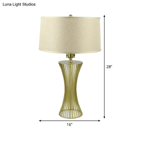 Sleek Green Metal Drum Table Lamp For Bedroom Nightstand - Simple Fabric Shade 1-Bulb Night Lighting