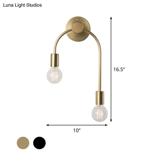 Sleek Iron Wall Mounted Lamp - Minimalist 2-Light Black/Gold Sconce With Bare Bulb Design