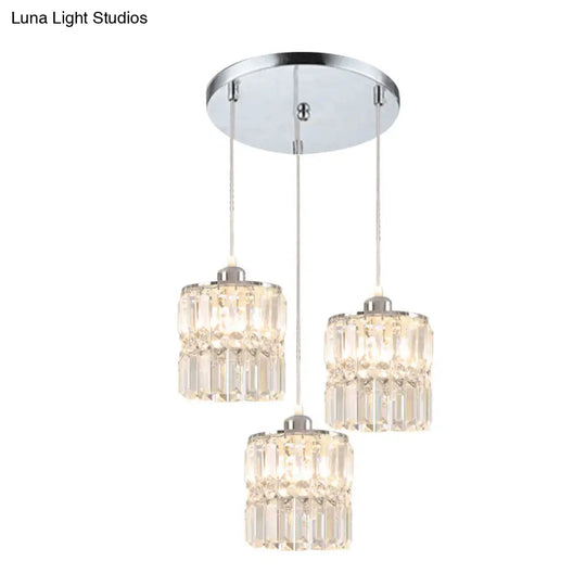 Simple K9 Crystal Column Pendant - 3 Bulbs Chrome Suspension Lamp For Dining Room