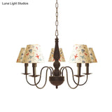 Sleek Kids Chandelier With Conic Printed Fabric Shade - Black Iron 3/5 Lights