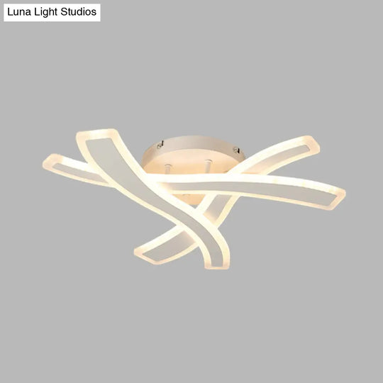 Sleek Led Semi Flush Mount Fixture With Stylish White Crossing Wave Design And Acrylic Shade