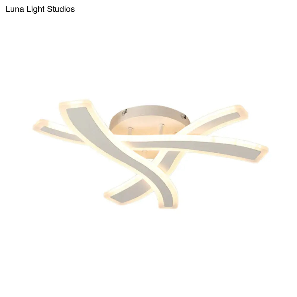 Sleek Led Semi Flush Mount Fixture With Stylish White Crossing Wave Design And Acrylic Shade