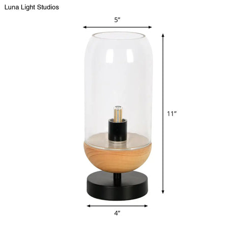 Sleek Led Table Lamp: Modern Black & Wood Cylinder Design With Clear Glass Shade