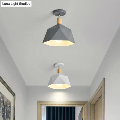 Sleek Macaron Rotating Ceiling Lamp With Wood Accent - Polygon Corridor Semi Flush Light Metallic 1