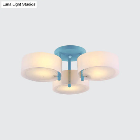 Sleek Macaron Semi Flush Mount Ceiling Light With Frosted Glass Drum Shade - 3 Lights For Kids’