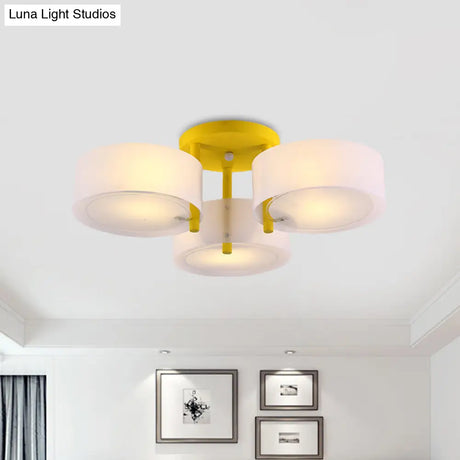 Sleek Macaron Semi Flush Mount Ceiling Light With Frosted Glass Drum Shade - 3 Lights For Kids’