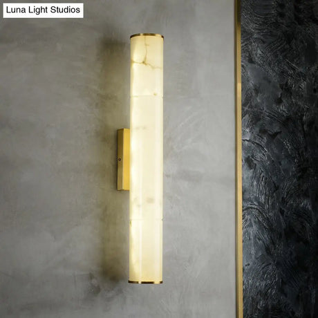 Sleek Marble Tube Led Sconce Light: Simplicity White & Brass Wall Lamp For Living Room