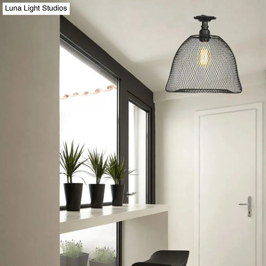 Sleek Metal Ceiling Mounted Light - Stylish Industrial Semi Flush With Mesh Screen Black / Dome