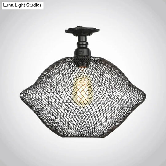 Sleek Metal Ceiling Mounted Light - Stylish Industrial Semi Flush With Mesh Screen