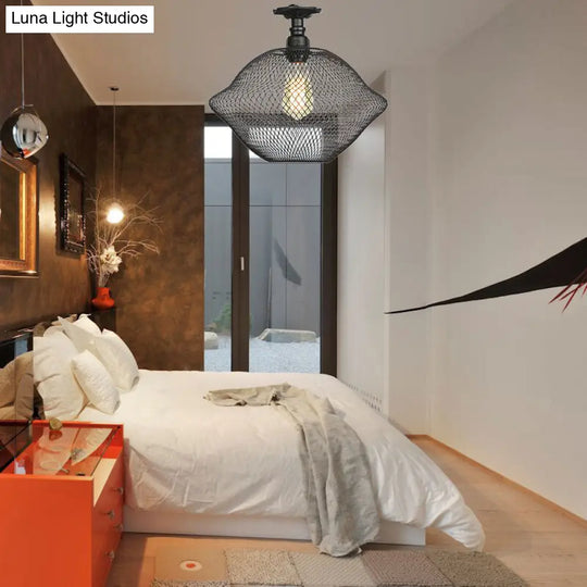 Sleek Metal Ceiling Mounted Light - Stylish Industrial Semi Flush With Mesh Screen Black / Saucer