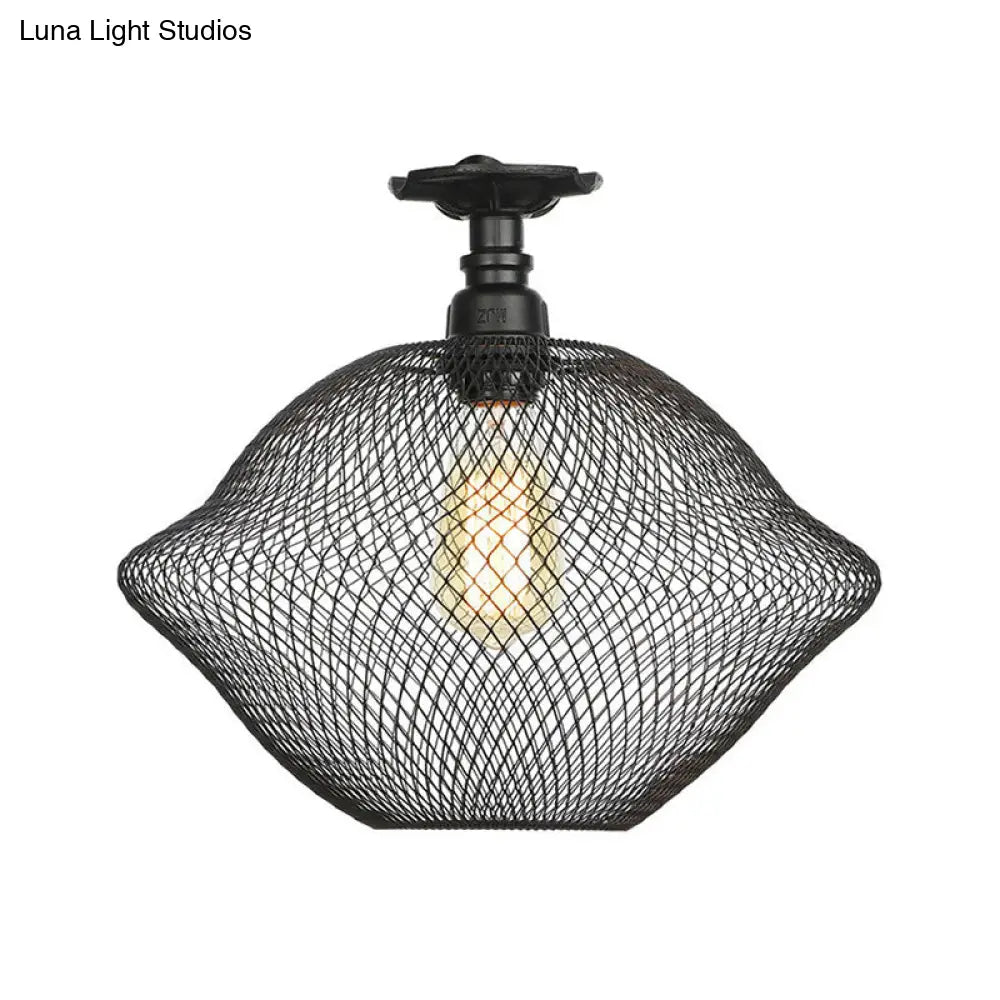 Sleek Metal Ceiling Mounted Light - Stylish Industrial Semi Flush With Mesh Screen