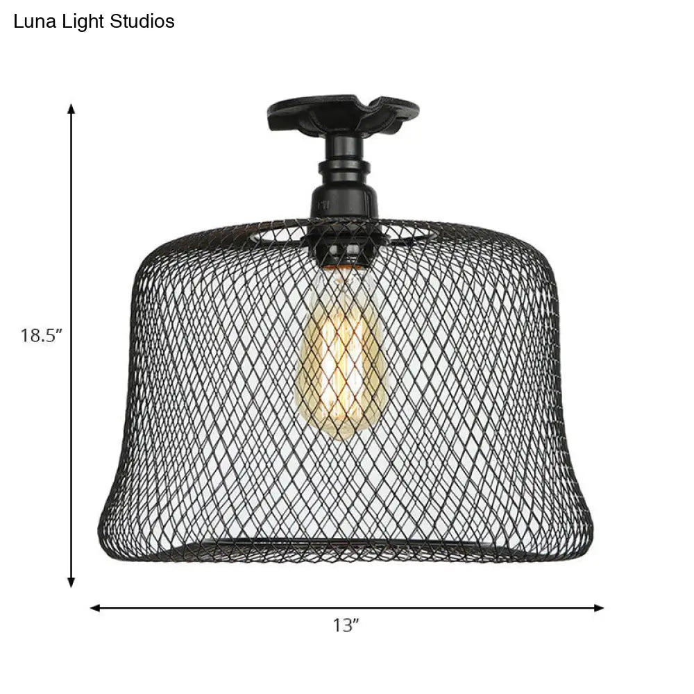 Sleek Metal Ceiling Mounted Light - Stylish Industrial Semi Flush With Mesh Screen