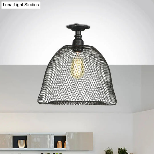 Sleek Metal Ceiling Mounted Light - Stylish Industrial Semi Flush With Mesh Screen