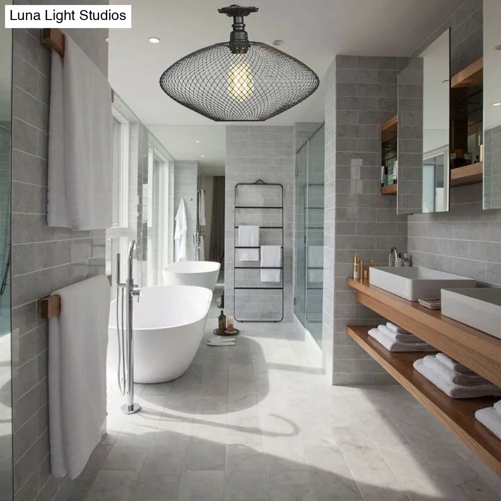 Sleek Metal Ceiling Mounted Light - Stylish Industrial Semi Flush With Mesh Screen Black / Rhombus