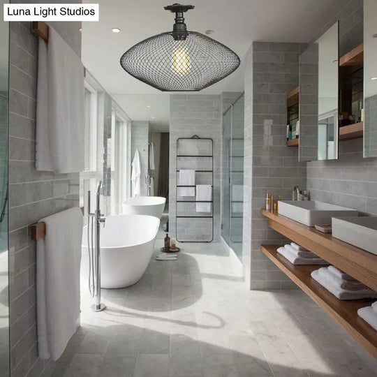 Sleek Metal Ceiling Mounted Light - Stylish Industrial Semi Flush With Mesh Screen Black / Rhombus