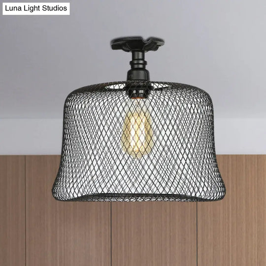 Sleek Metal Ceiling Mounted Light - Stylish Industrial Semi Flush With Mesh Screen