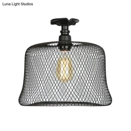 Sleek Metal Ceiling Mounted Light - Stylish Industrial Semi Flush With Mesh Screen