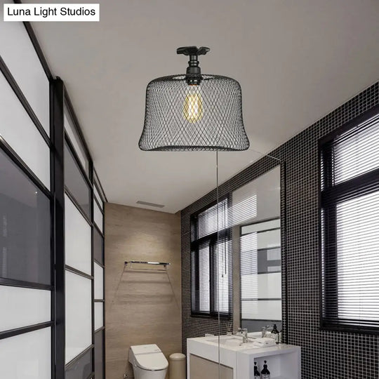 Sleek Metal Ceiling Mounted Light - Stylish Industrial Semi Flush With Mesh Screen Black / Barrel
