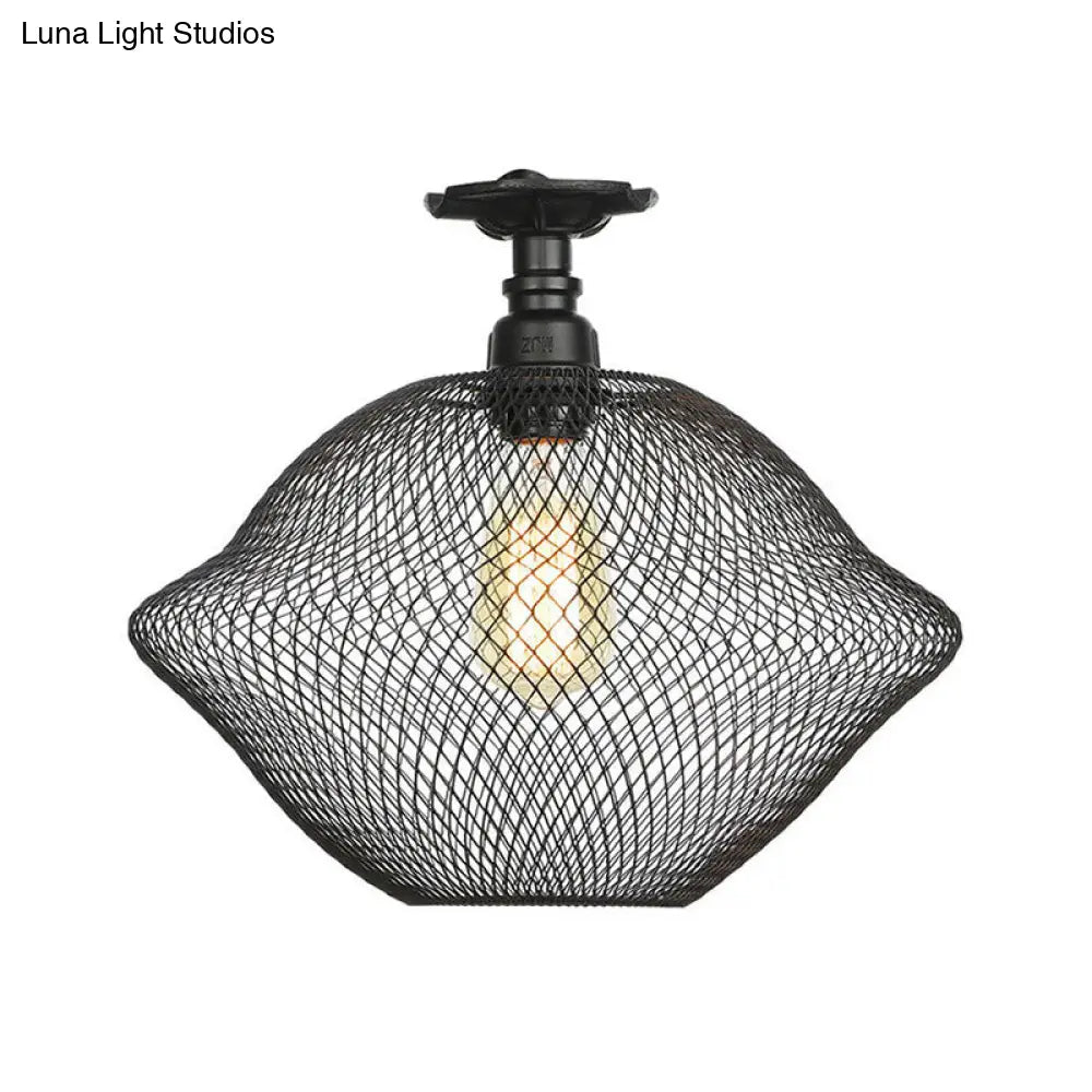 Sleek Metal Ceiling Mounted Light - Stylish Industrial Semi Flush With Mesh Screen