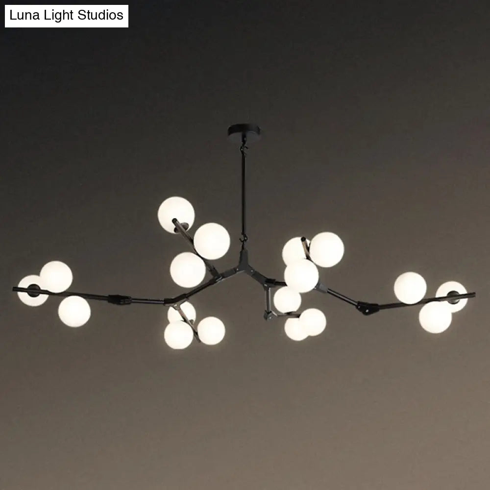 Sleek Metal Chandelier | Minimalistic Tree Branch Suspension Light With White Glass Ball Shade For