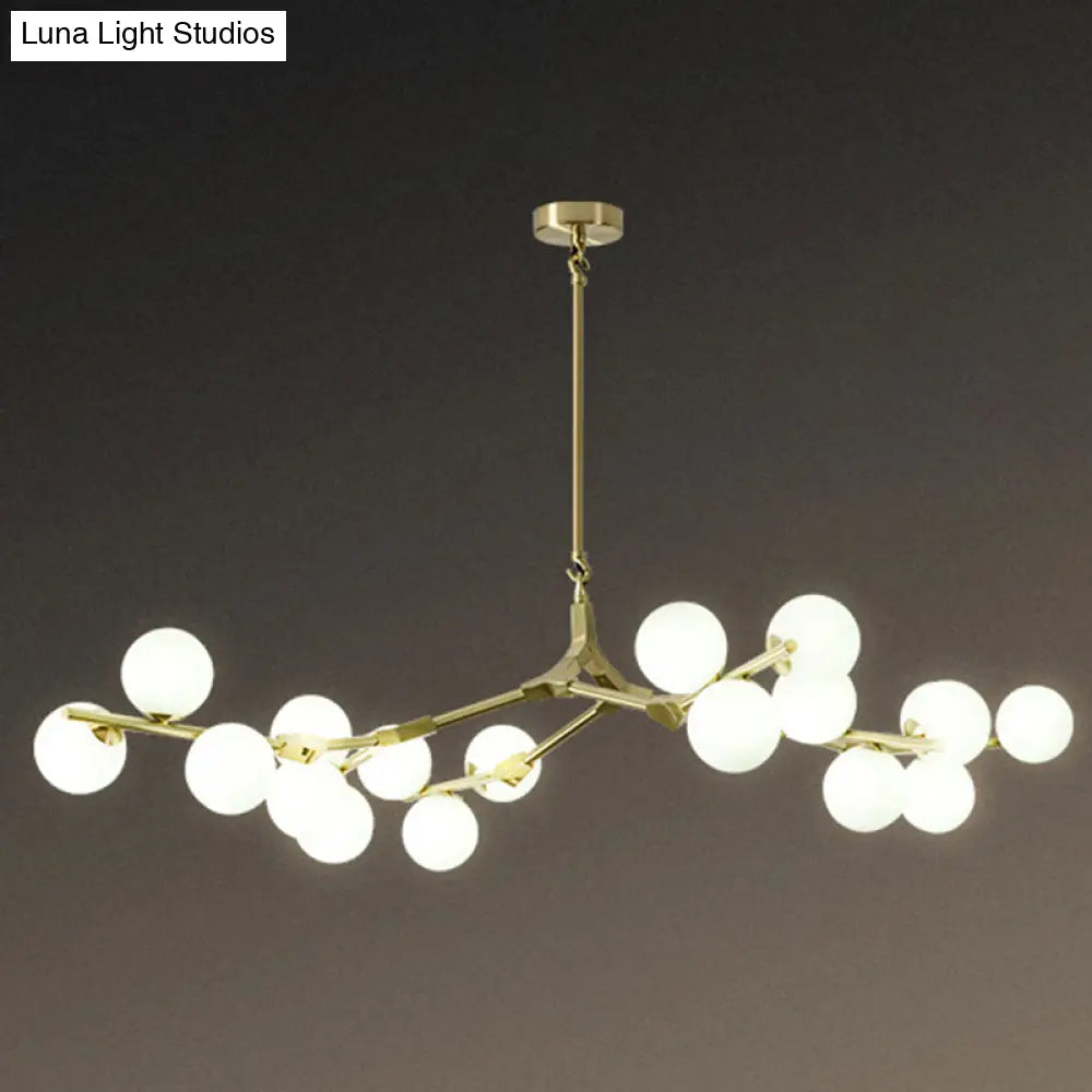 Sleek Metal Chandelier | Minimalistic Tree Branch Suspension Light With White Glass Ball Shade For