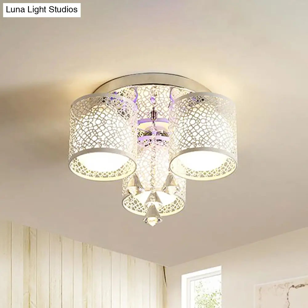 Sleek Metal Chrome Semi Flush Light: Modern Cylinder Design With Frosted Glass Shade & Crystal