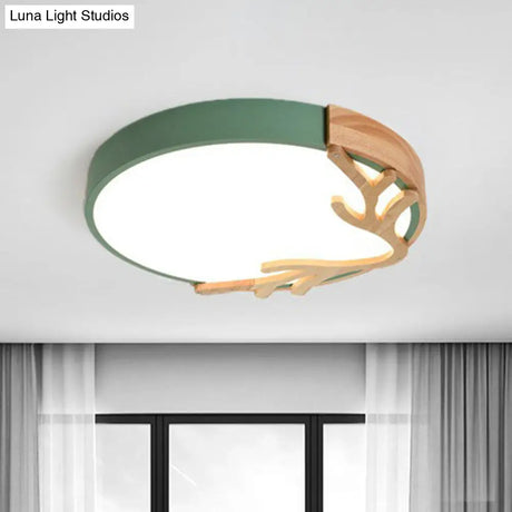 Sleek Metal Circle Led Flush Mount Ceiling Light - Ultra-Thin Design With Wooden Antler Accent