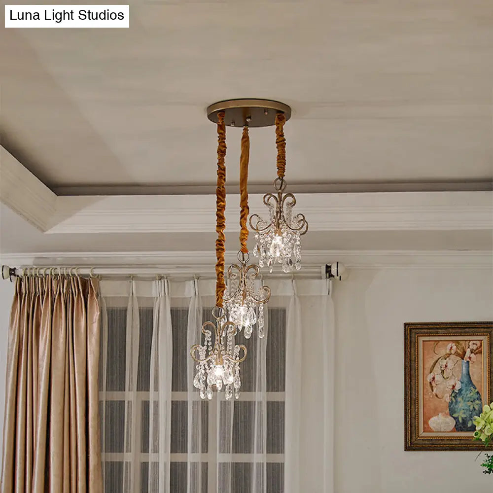 Sleek Metal Curvy Arm Pendant Light - Simplicity 3 Gold Heads Crystal Strands