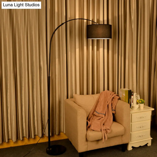 Sleek Metallic Standing Floor Lamp With Drum Fabric Shade Perfect For Fishing Enthusiasts