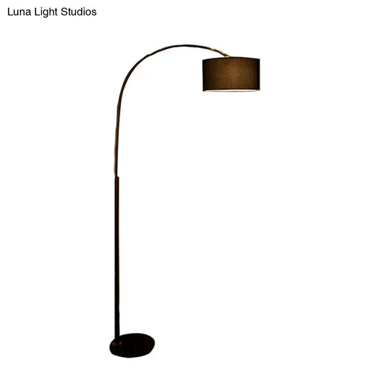 Sleek Metallic Standing Floor Lamp With Drum Fabric Shade Perfect For Fishing Enthusiasts