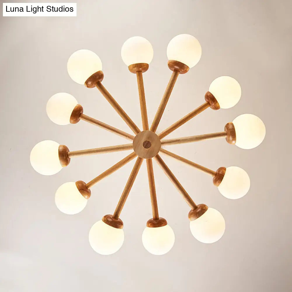 Minimalist Cream Glass Bedroom Chandelier With Wood Finish