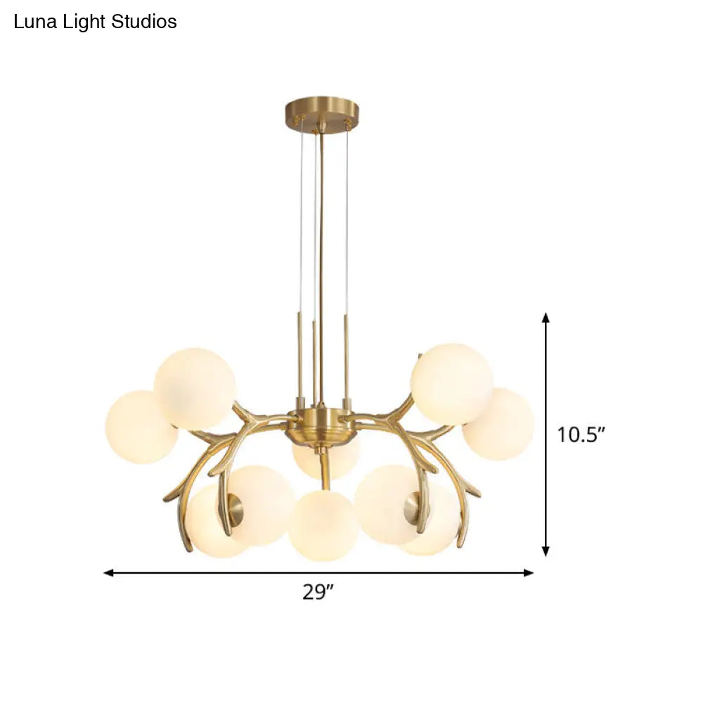 Modern Brass Pendant Chandelier With Antler Arm - White Glass 10-Bulb Sphere Design For Bedroom