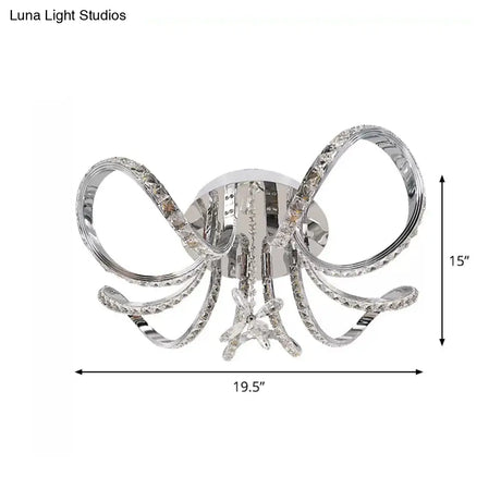 Sleek Nickel Led Curved Hoop Ceiling Light With Faceted Crystal Semi Flush Mount In Warm/White