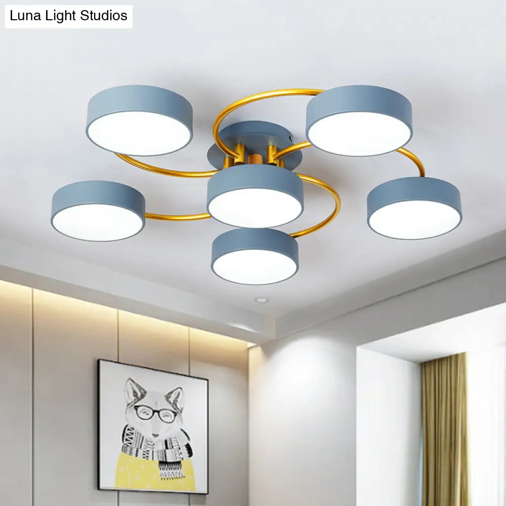 Sleek Nordic Grey Led Ceiling Lamp With Gold Spiral Arm - Small Drum Iron Semi Flush Light Fixture