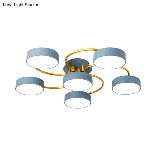 Sleek Nordic Grey Led Ceiling Lamp With Gold Spiral Arm - Small Drum Iron Semi Flush Light Fixture