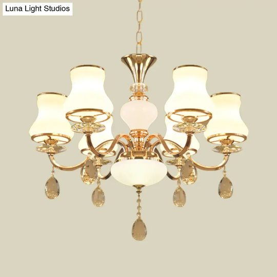 Sleek Opal Glass 6-Light Bedroom Crystal Chandelier – Champagne Bell Design